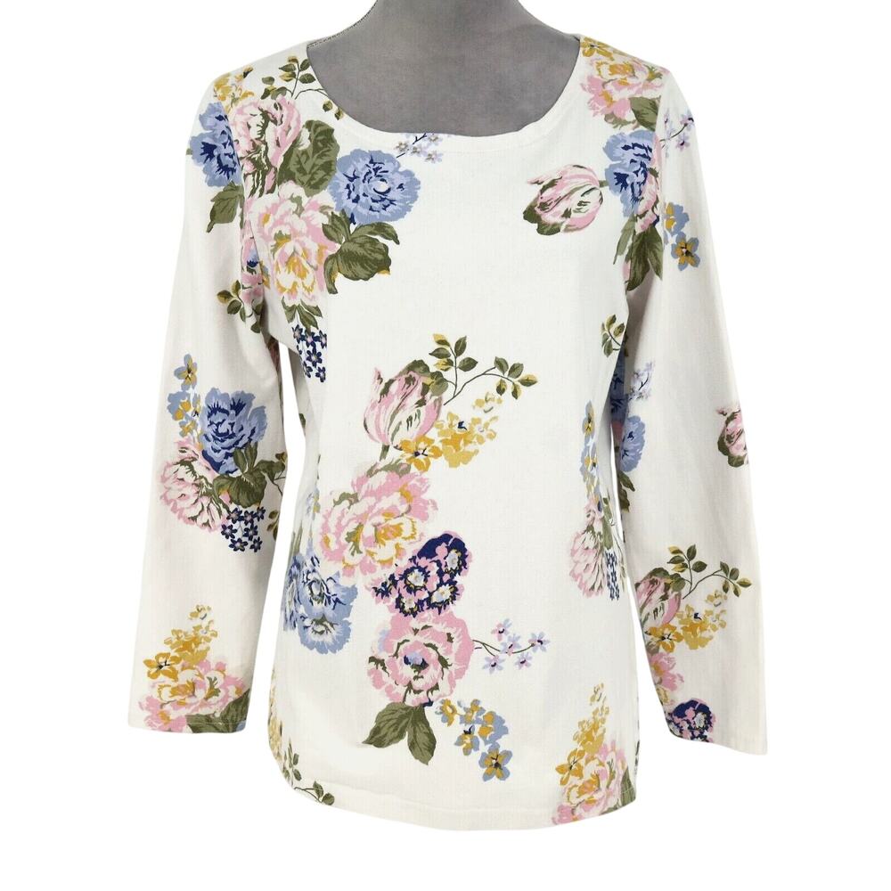 Joules Top Womens Small White Blue Floral Cotton Knit Blouse Coastal Whimsy